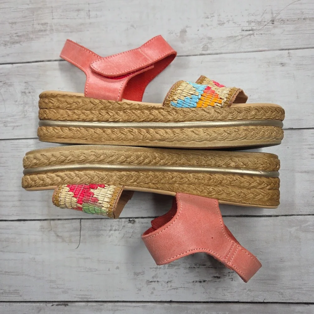 Spring Step Woven Platform Sandal Espadrille Women 36 Coral Pink Multi Leather